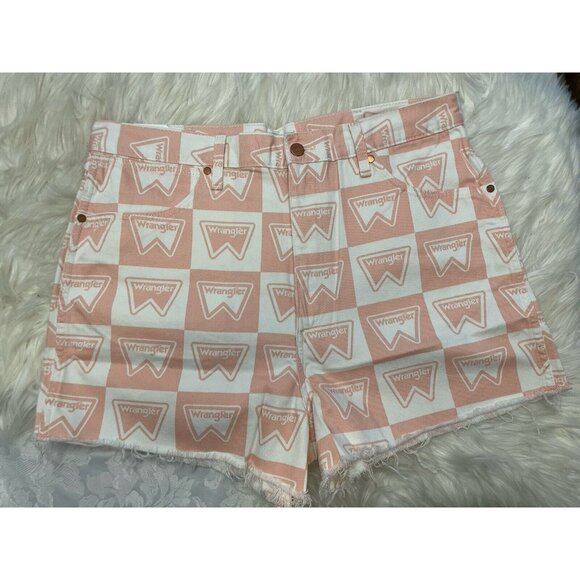 Wrangler High Rise Festival Denim Shorts Signature Print Pink White Size‎ 33 New - Picture 1 of 9